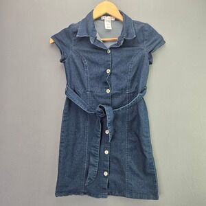 Love To Be Loved Denim Button Up Dress 10 Blue Short Sleeve Belted Mini Y2K